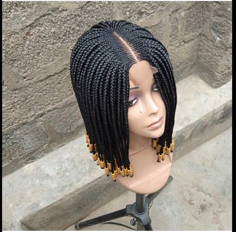 Short Box Braided Wig. Braided Wig With Beads. Lace Closure Short