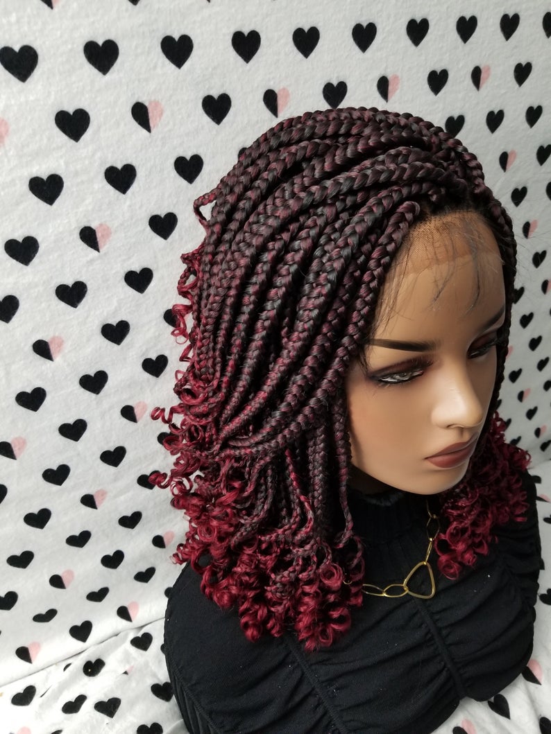 Handmade Box Braid Braided Lace Front Wig With Curly Ends Color 1b/Bug Red Ombre
