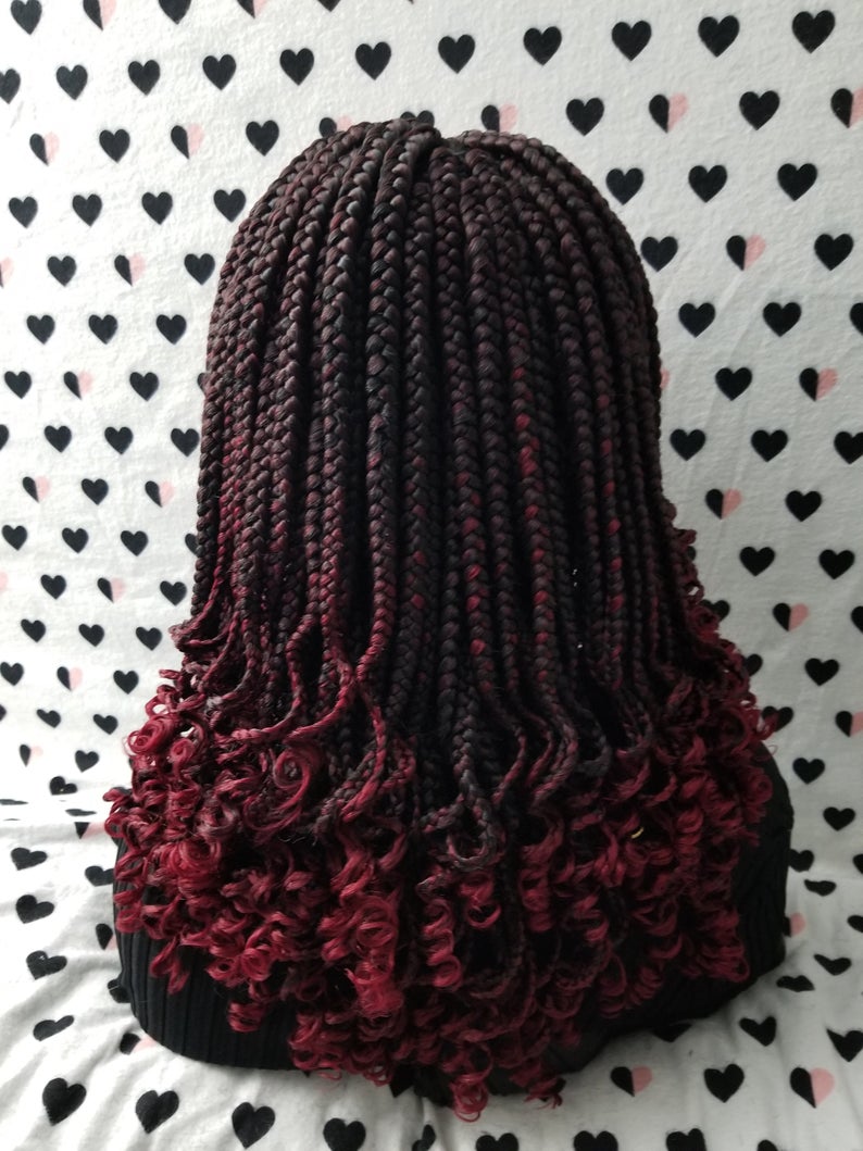 Handmade Box Braid Braided Lace Front Wig With Curly Ends Color 1b/Bug Red Ombre