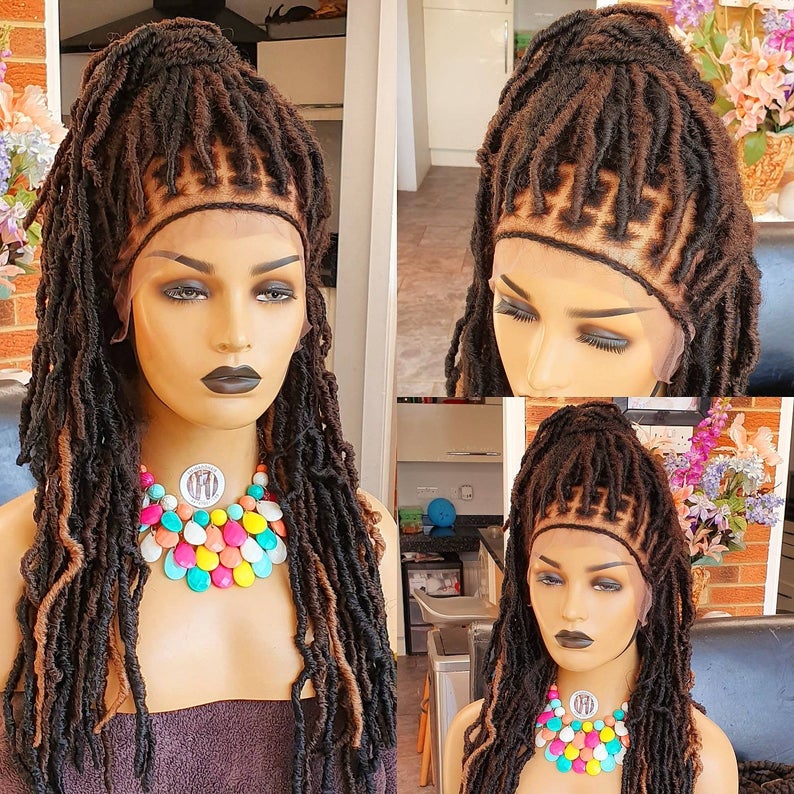 Braided Dread locs Wig, Black and Gold Highlights